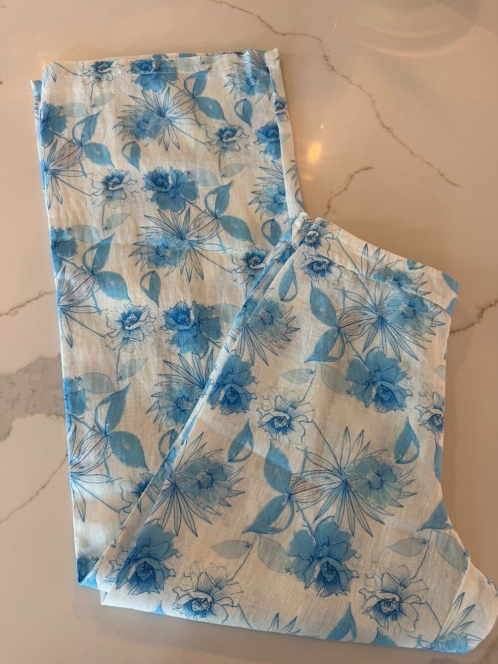 NWOT 120% LINO LINEN WIDE LEG PANTS LT BLUE & WHITE FLORAL SAFARI SOFT FADE M/44